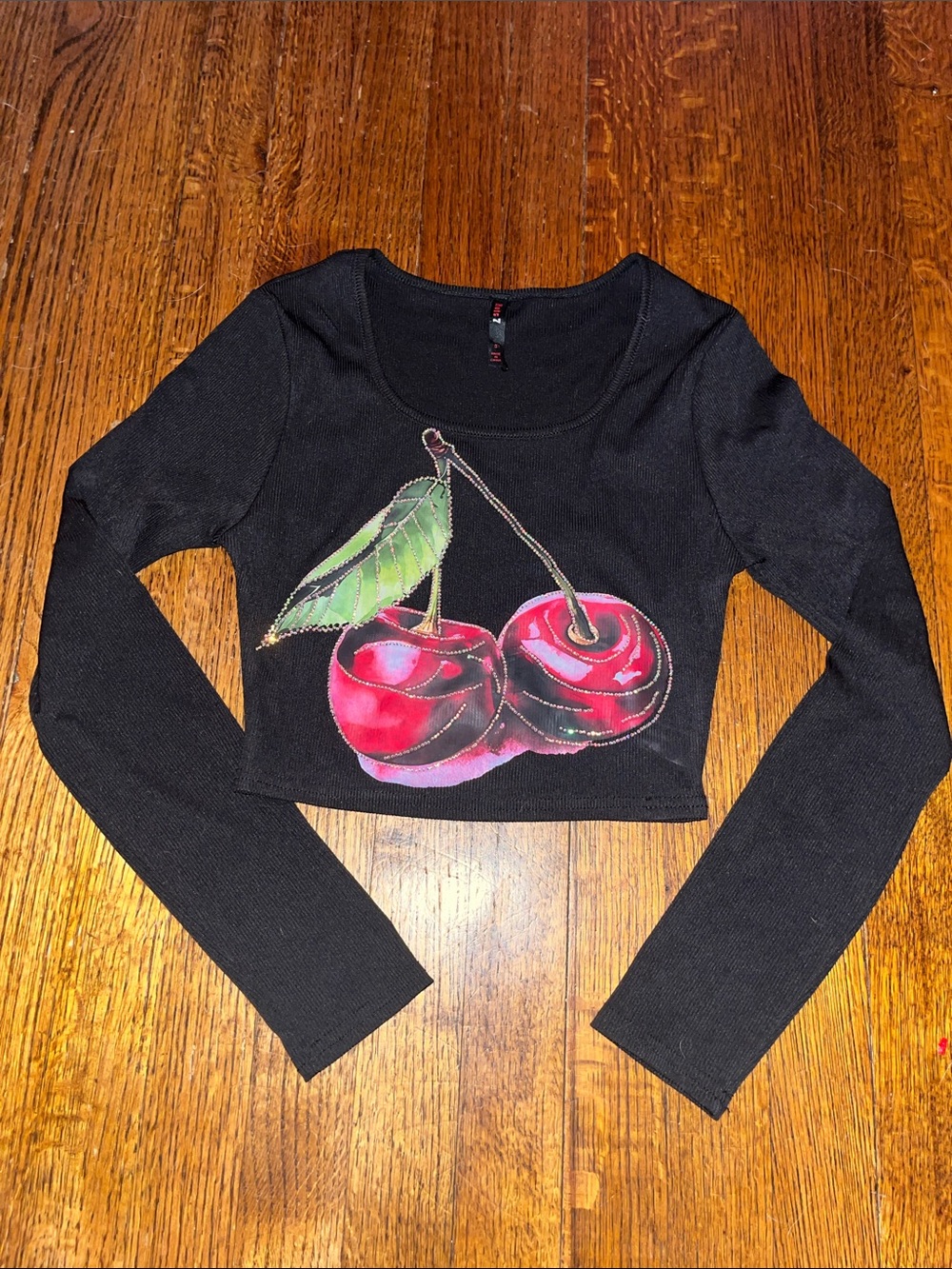 Hots 7 | Black Long-Sleeve Crop Top with Cherry Graphic